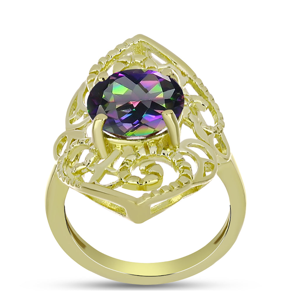 Anel de Prata com Banho de Ouro com Quartzo Hematita Verde Místico  Contraste: Cabeca de Veado (800) 3 