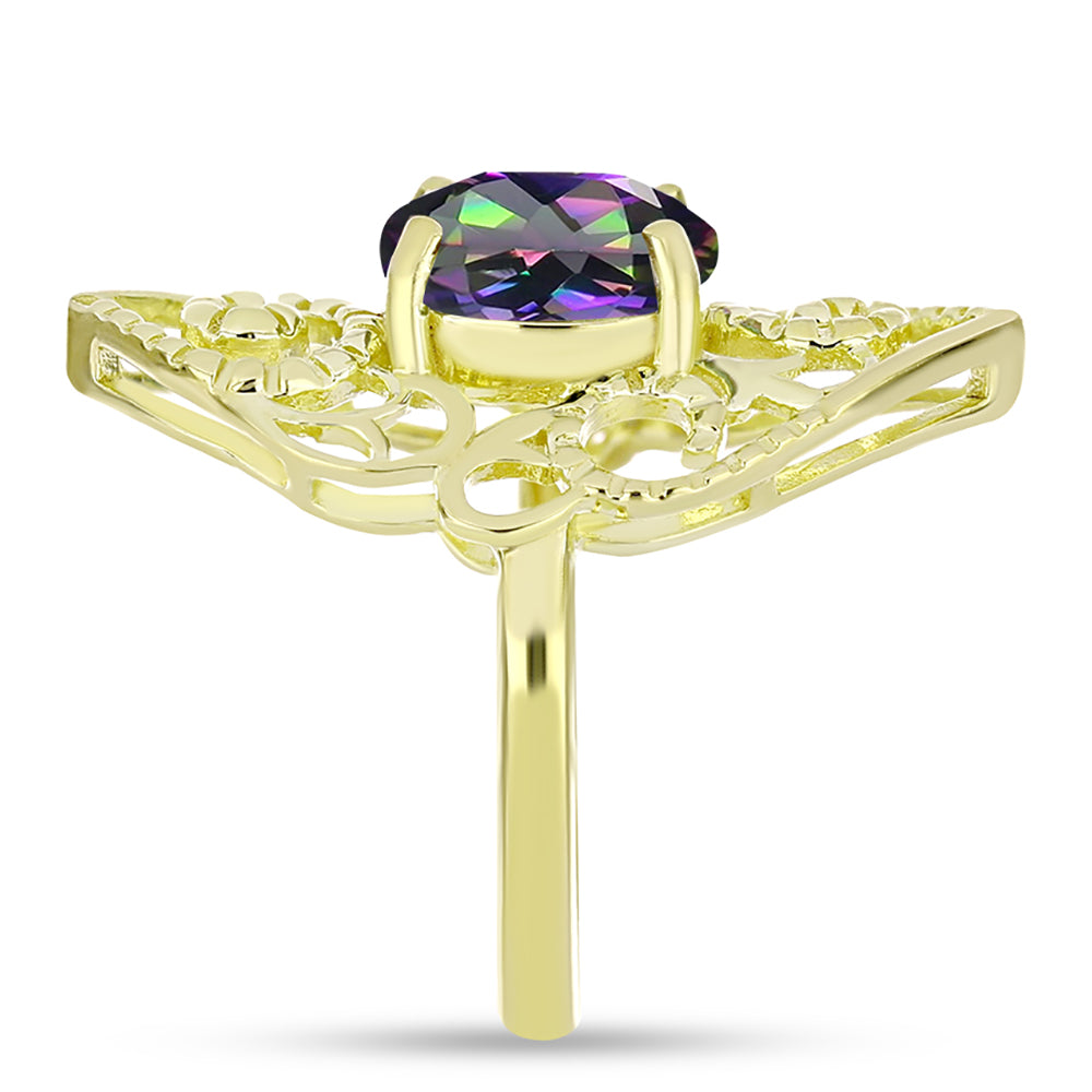 Anel de Prata com Banho de Ouro com Quartzo Hematita Verde Místico  Contraste: Cabeca de Veado (800)