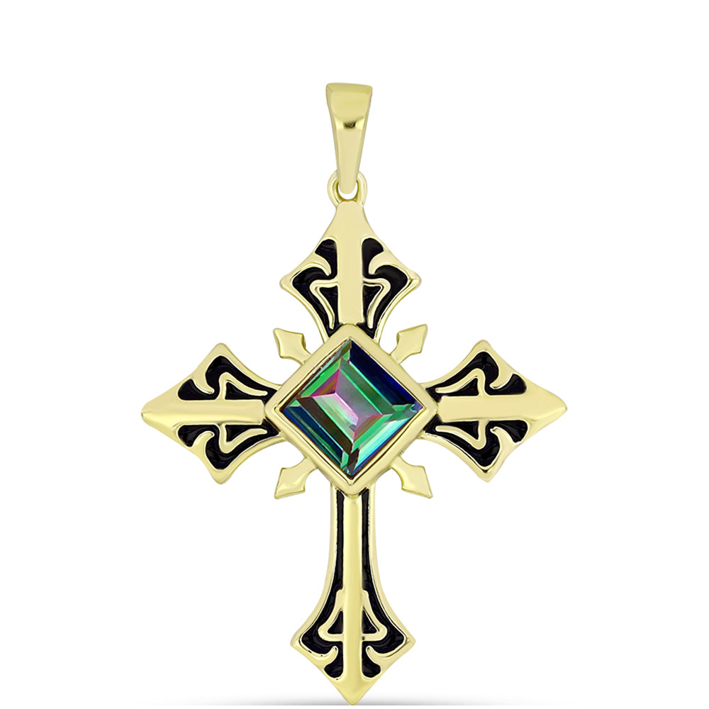 Cruz Pendente de Prata com Banho de Ouro com Quartzo Hematita Verde Místico  Contraste: Cabeca de Veado (800) 1 