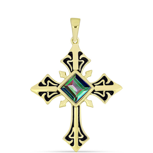 Cruz Pendente de Prata com Banho de Ouro com Quartzo Hematita Verde Místico  Contraste: Cabeca de Veado (800)