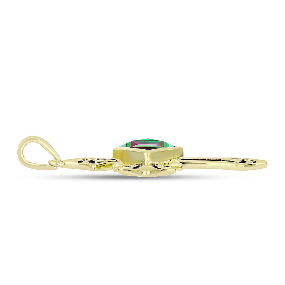 Cruz Pendente de Prata com Banho de Ouro com Quartzo Hematita Verde Místico  Contraste: Cabeca de Veado (800)