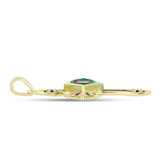 Cruz Pendente de Prata com Banho de Ouro com Quartzo Hematita Verde Místico  Contraste: Cabeca de Veado (800)