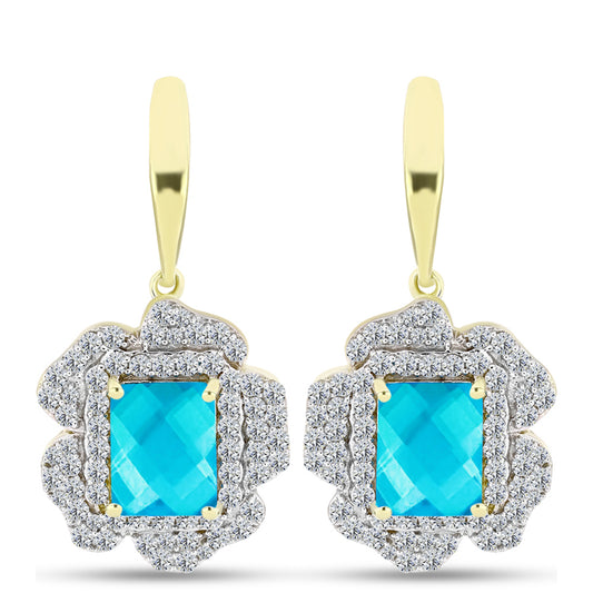 Brincos de Prata com Banho de Ouro com Jade Azul e Topázio Branco
