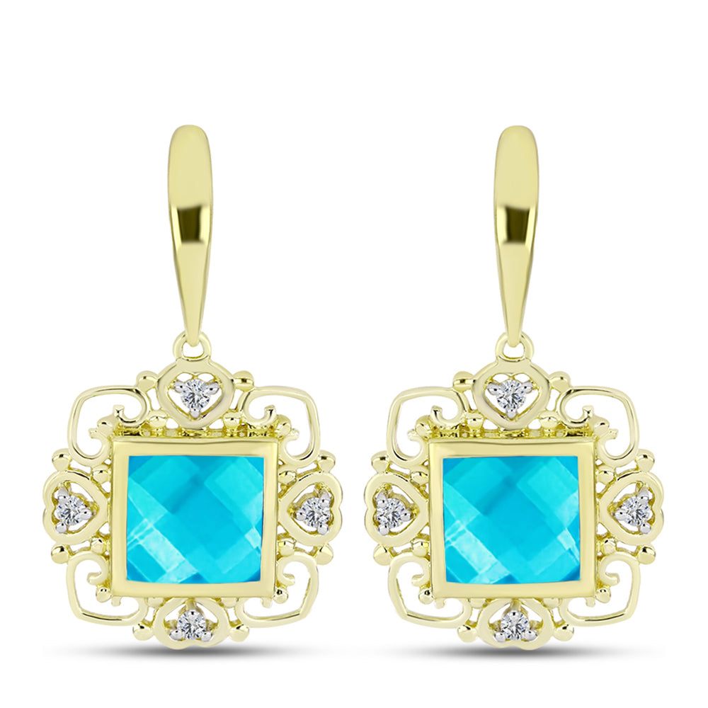 Brincos de Prata com Banho de Ouro com Jade Azul e Topázio Branco  Contraste: Cabeca de Veado (800)