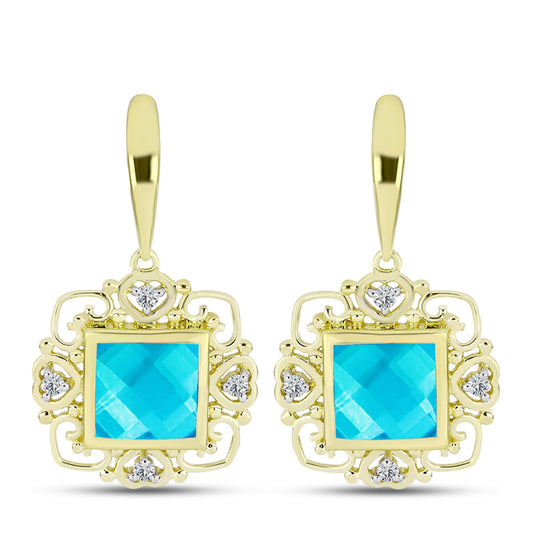 Brincos de Prata com Banho de Ouro com Jade Azul e Topázio Branco  Contraste: Cabeca de Veado (800)