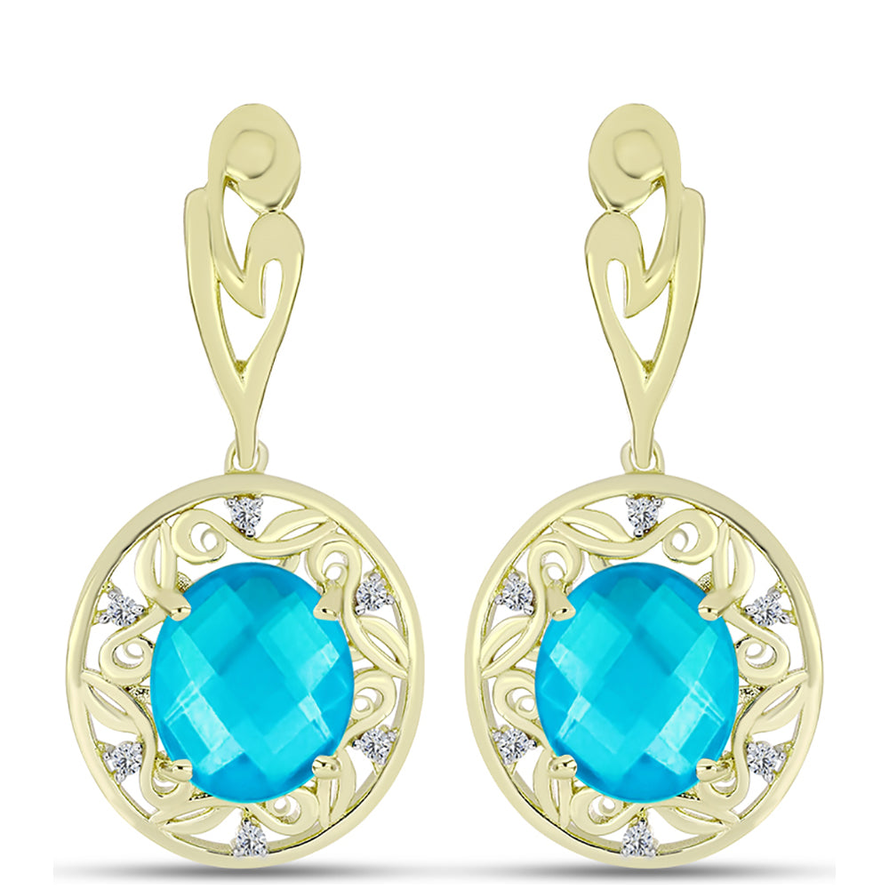 Brincos de Prata com Banho de Ouro com Jade Azul e Topázio Branco  Contraste: Cabeca de Veado (800) 1 