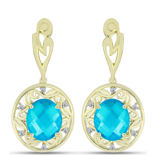 Brincos de Prata com Banho de Ouro com Jade Azul e Topázio Branco  Contraste: Cabeca de Veado (800)