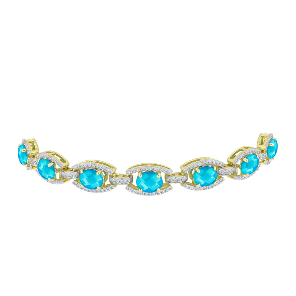 Pulseira de Prata com Banho de Ouro com Jade Azul e Topázio Branco  Contraste: Cabeca de Veado (800) 2 
