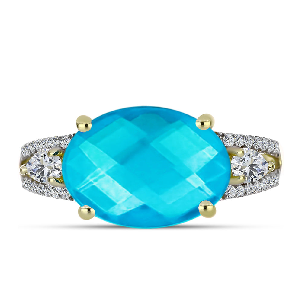 Anel de Prata com Banho de Ouro com Jade Azul e Topázio Branco