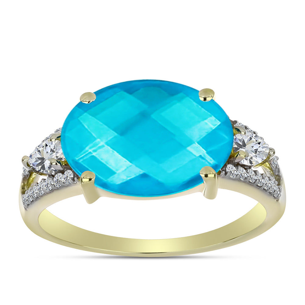 Anel de Prata com Banho de Ouro com Jade Azul e Topázio Branco 3 