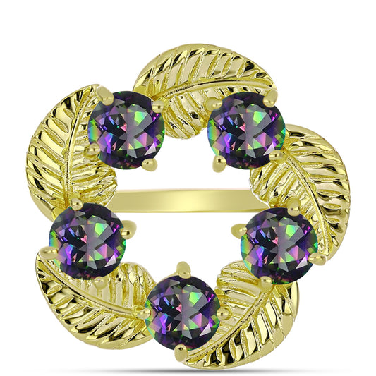 Anel de Prata com Banho de Ouro com Quartzo Hematita Verde Místico  Contraste: Cabeca de Veado (800)