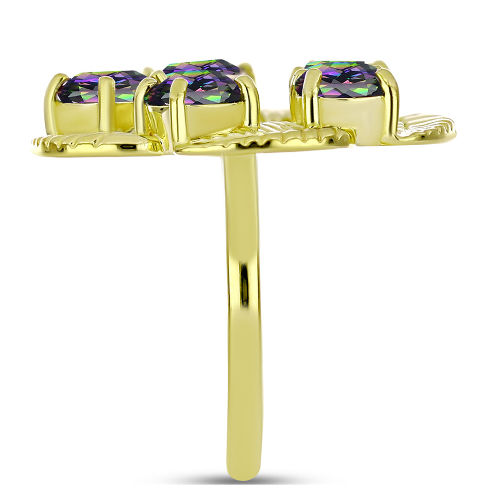 Anel de Prata com Banho de Ouro com Quartzo Hematita Verde Místico  Contraste: Cabeca de Veado (800)