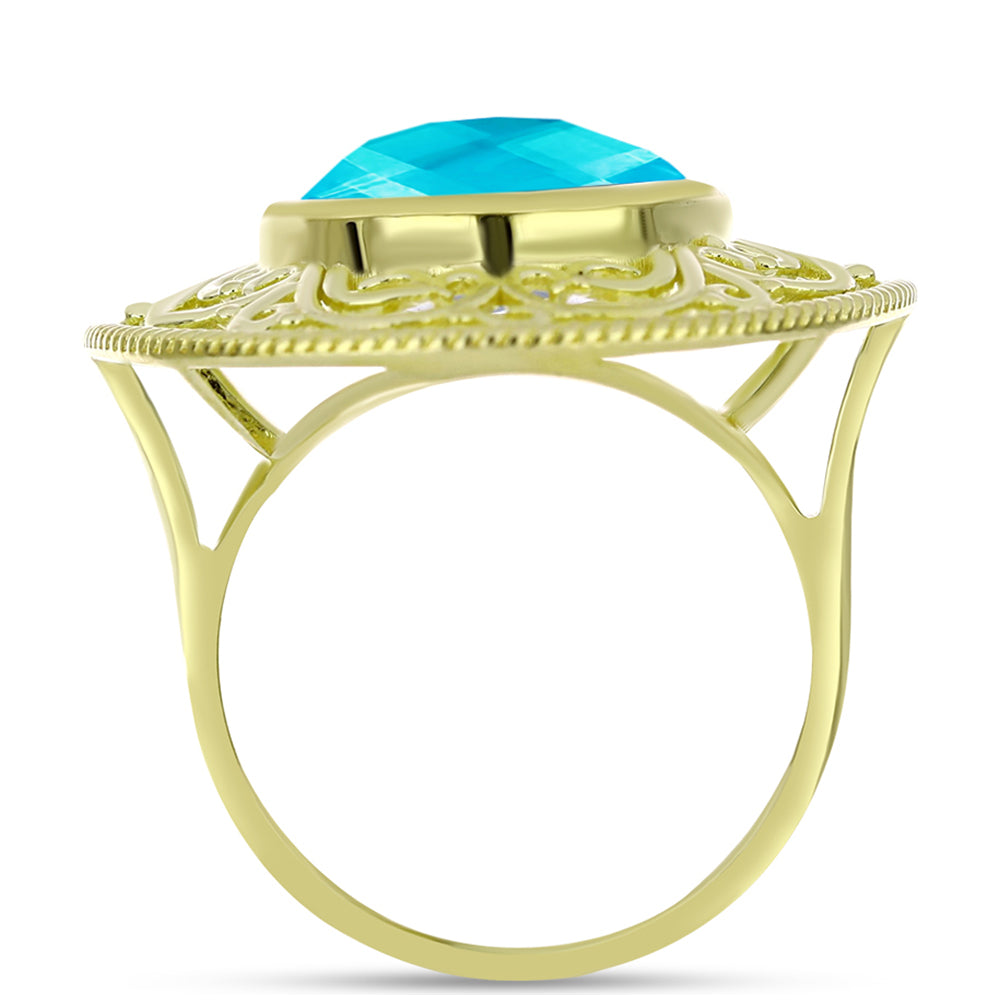 Anel de Prata com Banho de Ouro com Jade Azul  Contraste: Cabeca de Veado (800)