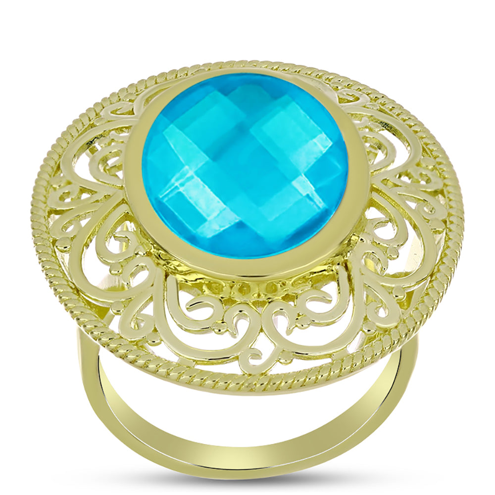 Anel de Prata com Banho de Ouro com Jade Azul  Contraste: Cabeca de Veado (800)