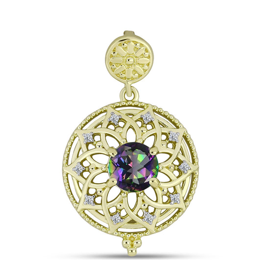 Pendente de Prata com Banho de Ouro com Quartzo Hematita Verde Místico e Topázio Branco