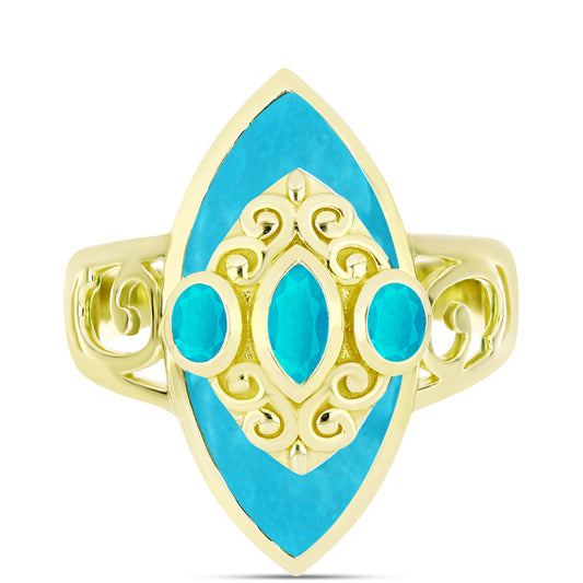 Anel de Prata com Banho de Ouro com Jade Azul  Contraste: Cabeca de Veado (800)