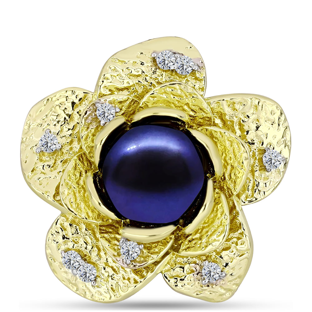 Pendente de Prata com Banho de Ouro com Pérola Preta de Água Doce e Topázio Branco  Contraste: Cabeca de Veado (800) 1 