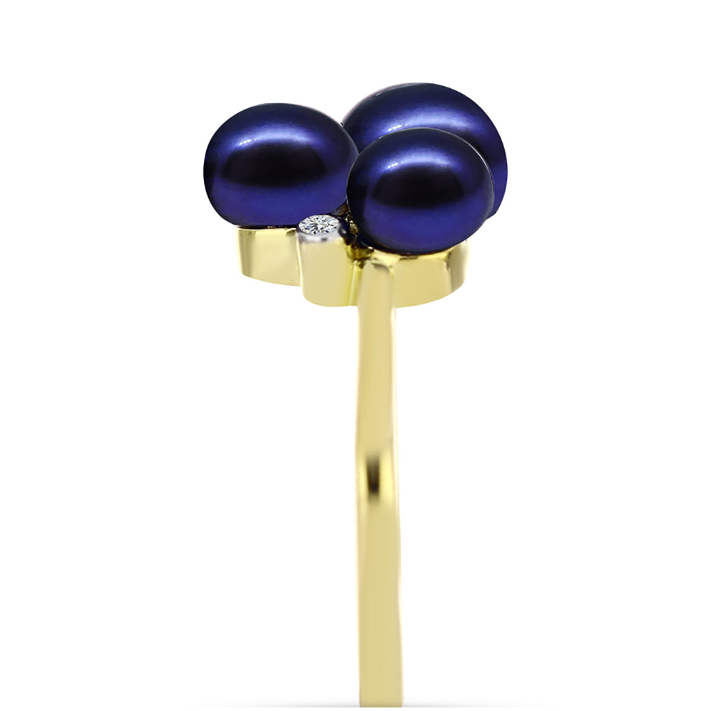 Anel de Prata com Banho de Ouro com Pérola Preta de Água Doce e Topázio Branco  Contraste: Cabeca de Veado (800)