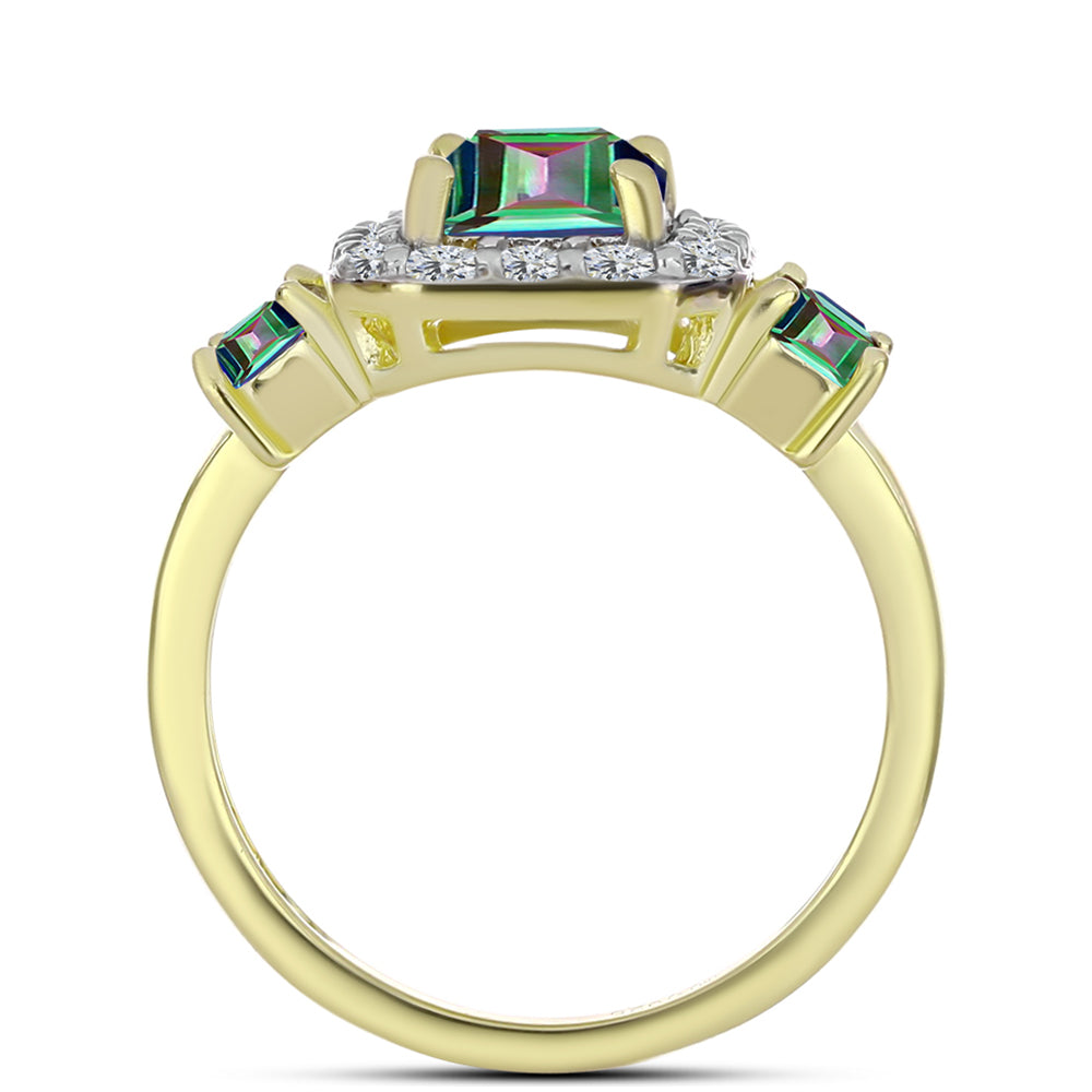 Anel de Prata com Banho de Ouro com Quartzo Hematita Verde Místico e Topázio Branco