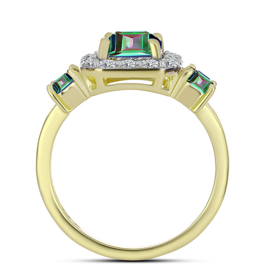 Anel de Prata com Banho de Ouro com Quartzo Hematita Verde Místico e Topázio Branco