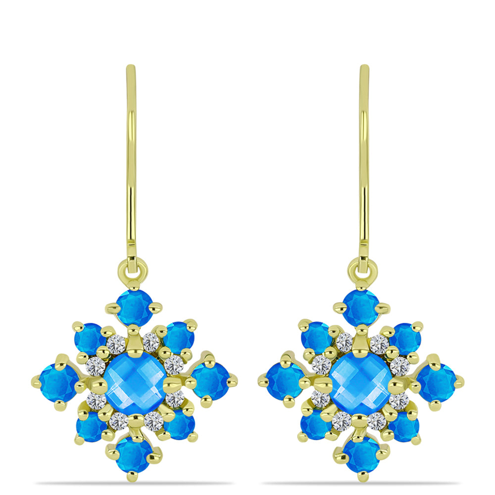 Brincos de Prata com Banho de Ouro com Jade Azul e Topázio Branco