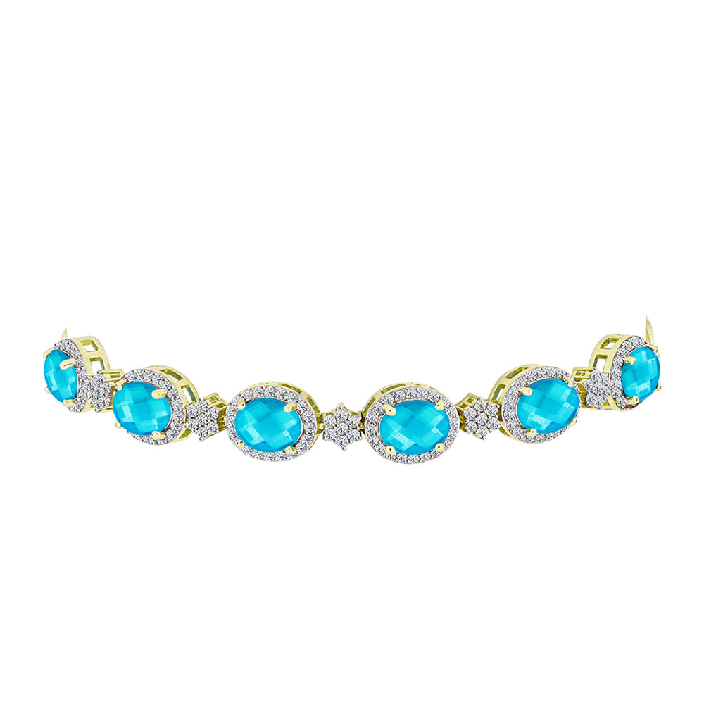 Pulseira de Prata com Banho de Ouro com Jade Azul e Topázio Branco  Contraste: Cabeca de Veado (800)