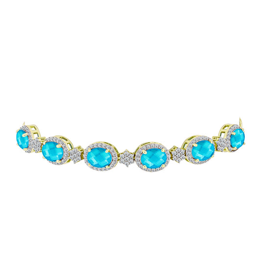 Pulseira de Prata com Banho de Ouro com Jade Azul e Topázio Branco  Contraste: Cabeca de Veado (800)