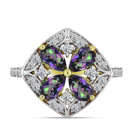 Anel de Prata com Banho de Ouro com Quartzo Hematita Verde Místico e Topázio Branco  Contraste: Cabeca de Veado (800)