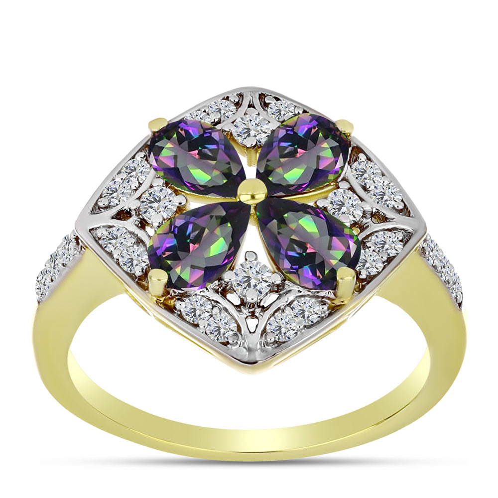Anel de Prata com Banho de Ouro com Quartzo Hematita Verde Místico e Topázio Branco  Contraste: Cabeca de Veado (800) 3 