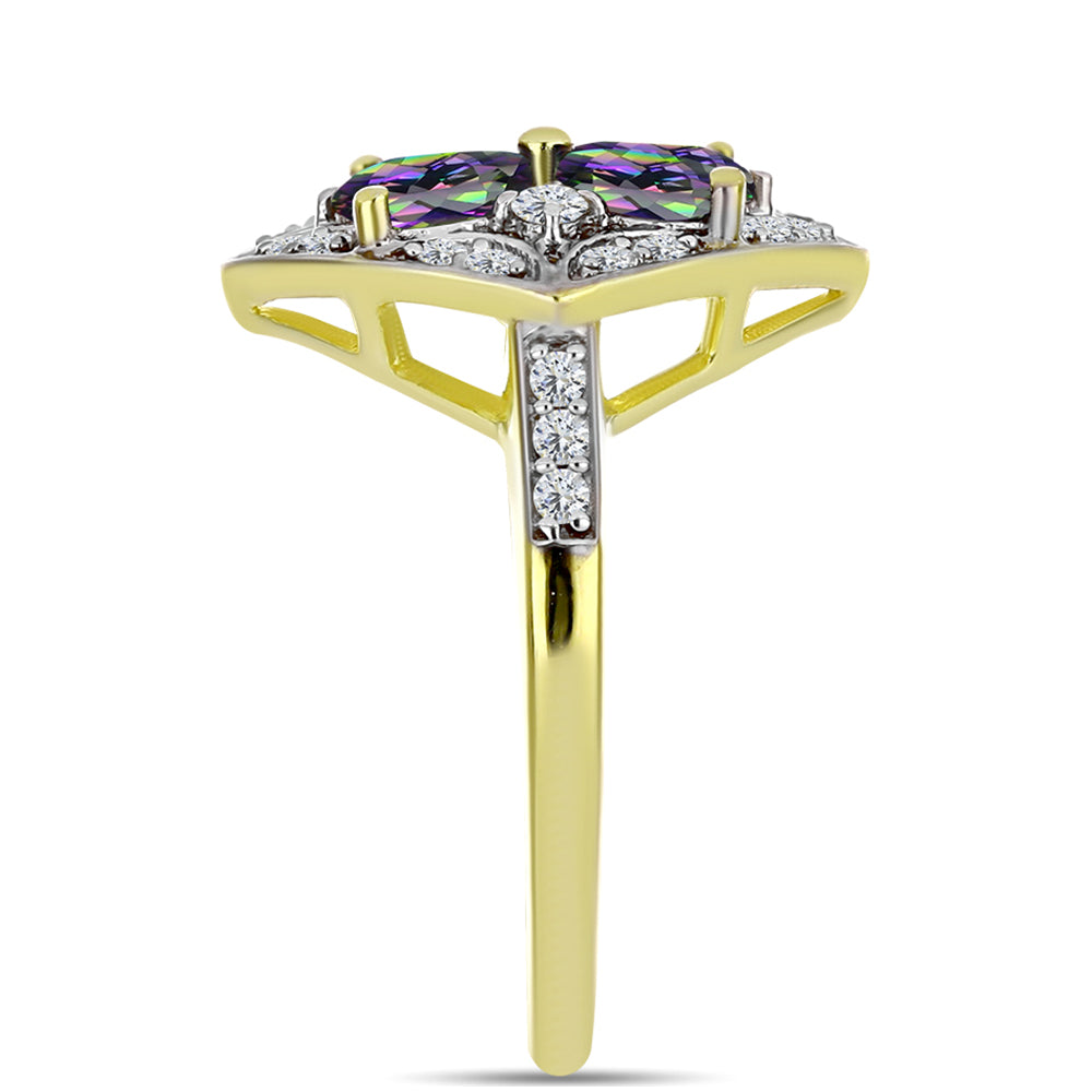 Anel de Prata com Banho de Ouro com Quartzo Hematita Verde Místico e Topázio Branco  Contraste: Cabeca de Veado (800) 4 