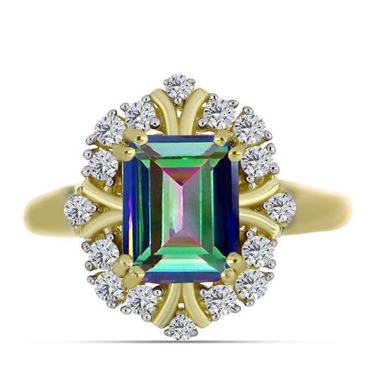Anel de Prata com Banho de Ouro com Quartzo Hematita Verde Místico e Topázio Branco  Contraste: Cabeca de Veado (800)