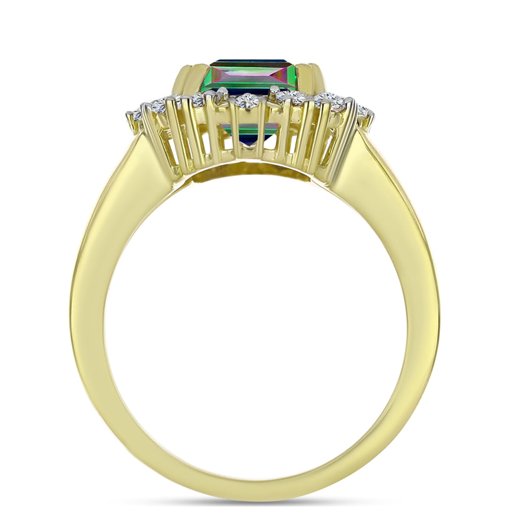 Anel de Prata com Banho de Ouro com Quartzo Hematita Verde Místico e Topázio Branco  Contraste: Cabeca de Veado (800)
