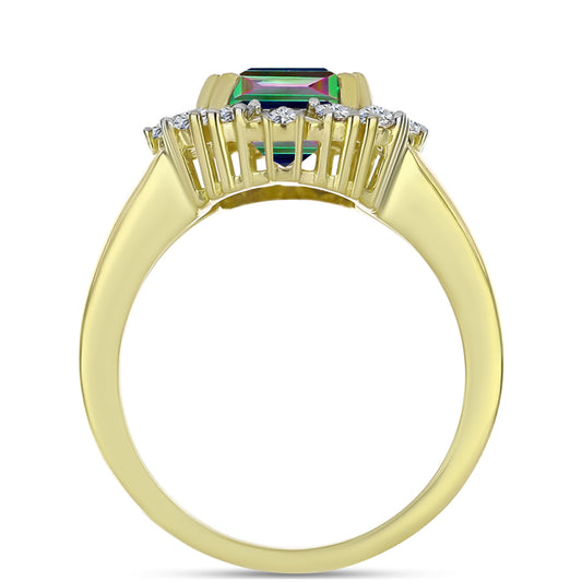 Anel de Prata com Banho de Ouro com Quartzo Hematita Verde Místico e Topázio Branco  Contraste: Cabeca de Veado (800)
