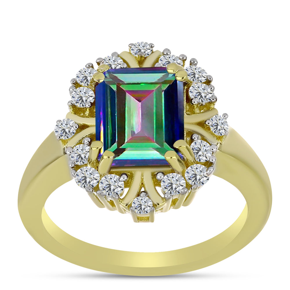 Anel de Prata com Banho de Ouro com Quartzo Hematita Verde Místico e Topázio Branco  Contraste: Cabeca de Veado (800)