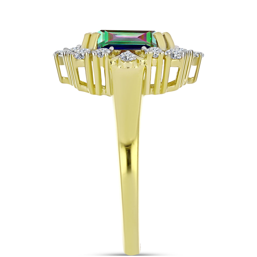 Anel de Prata com Banho de Ouro com Quartzo Hematita Verde Místico e Topázio Branco  Contraste: Cabeca de Veado (800)