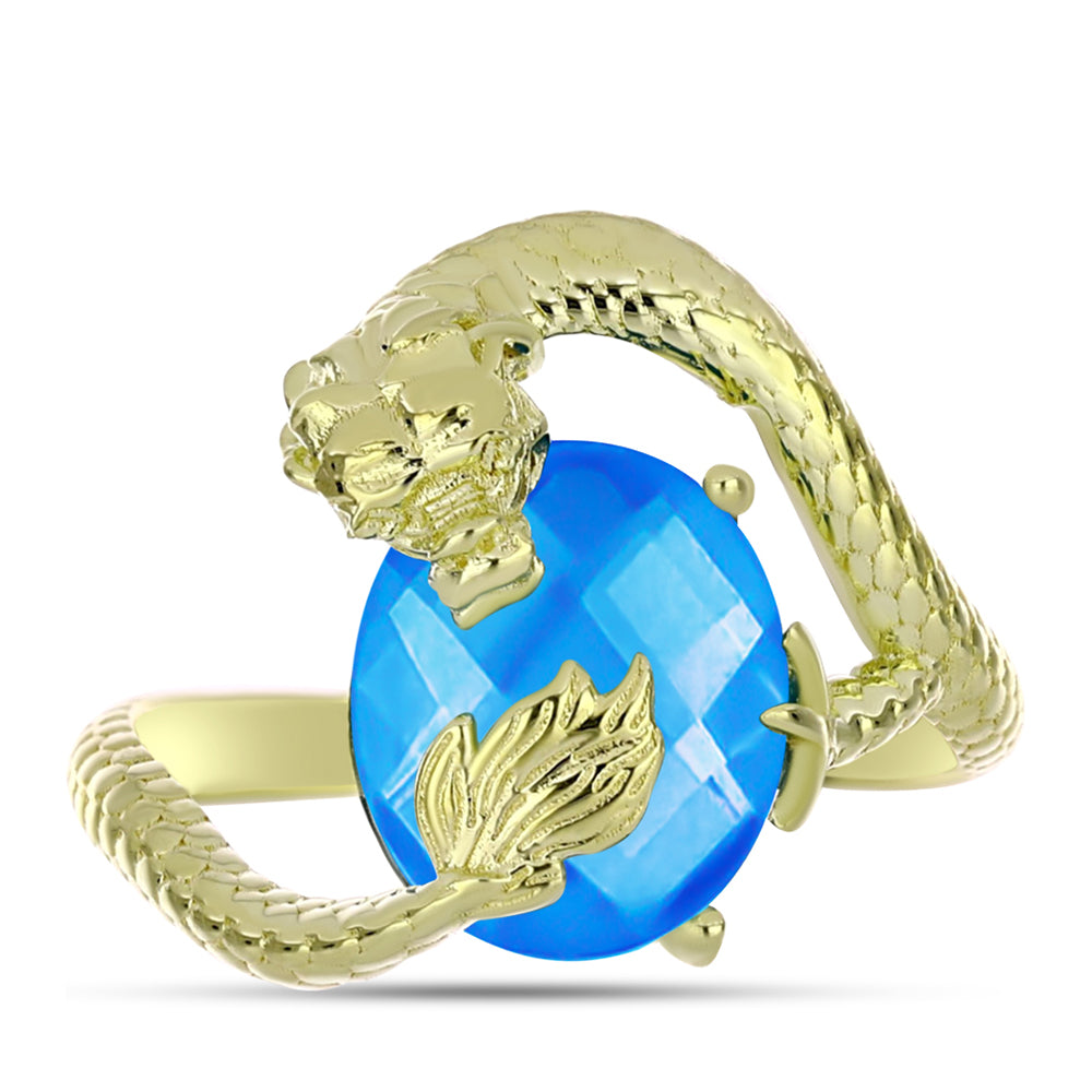 Anel de Prata com Banho de Ouro com Jade Azul  Contraste: Cabeca de Veado (800)