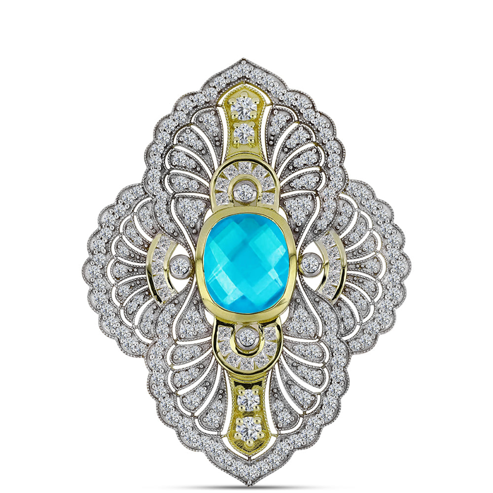 Alfinete de Prata com Banho de Ouro com Jade Azul e Topázio Branco  Contraste: Cabeca de Veado (800) 1 