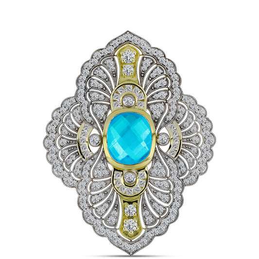 Alfinete de Prata com Banho de Ouro com Jade Azul e Topázio Branco  Contraste: Cabeca de Veado (800)