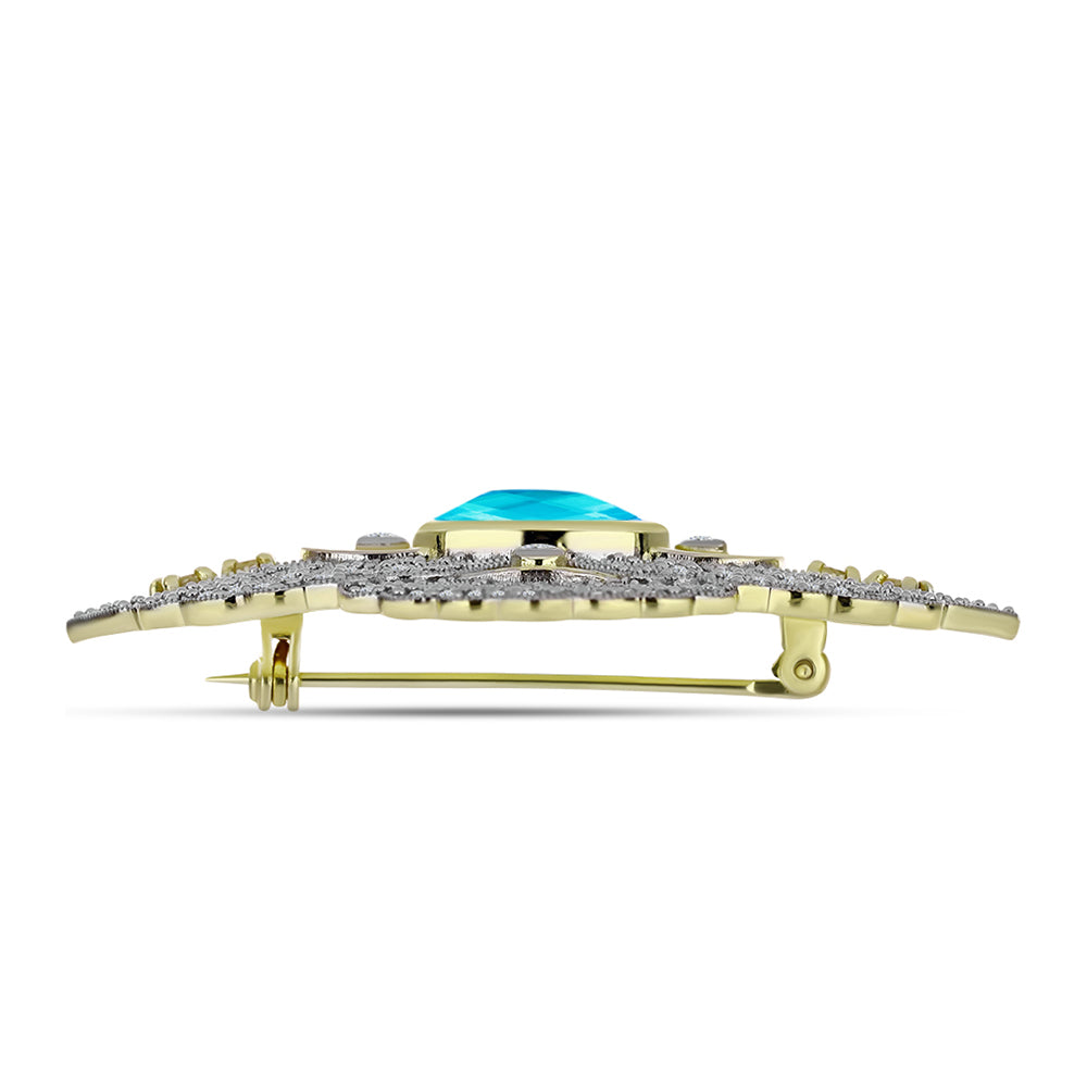 Alfinete de Prata com Banho de Ouro com Jade Azul e Topázio Branco  Contraste: Cabeca de Veado (800) 2 