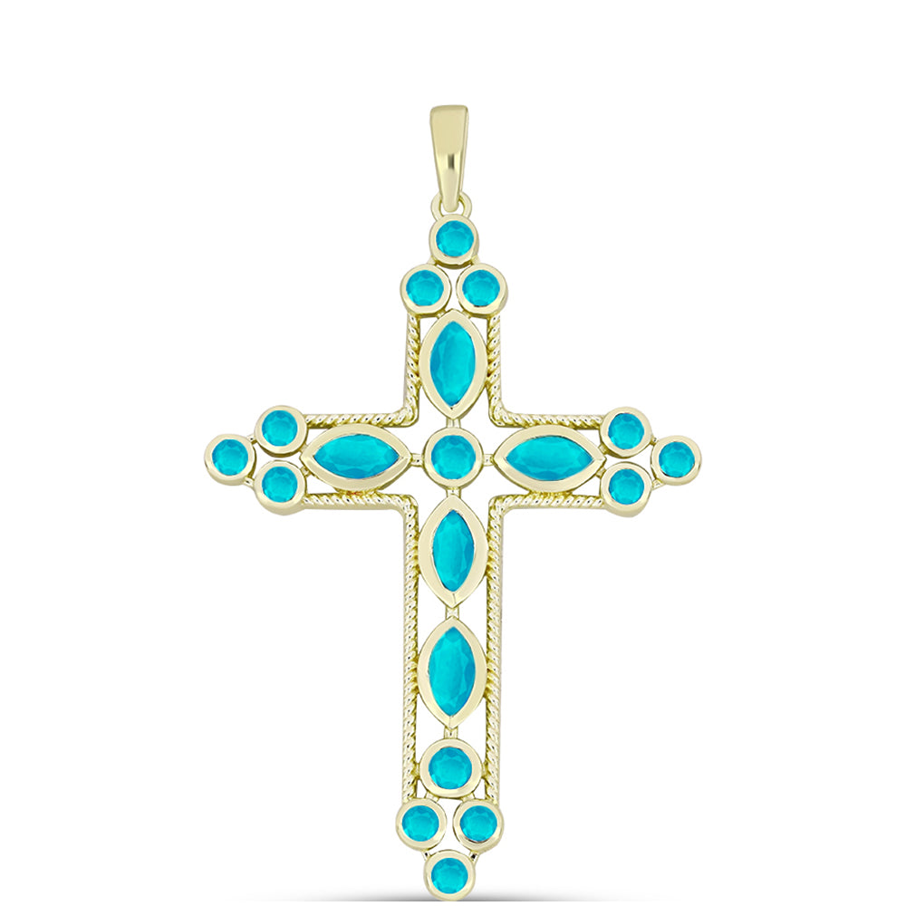 Cruz Pendente de Prata com Banho de Ouro com Jade Azul  Contraste: Cabeca de Veado (800) 1 