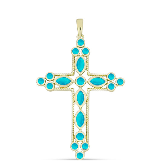 Cruz Pendente de Prata com Banho de Ouro com Jade Azul  Contraste: Cabeca de Veado (800)