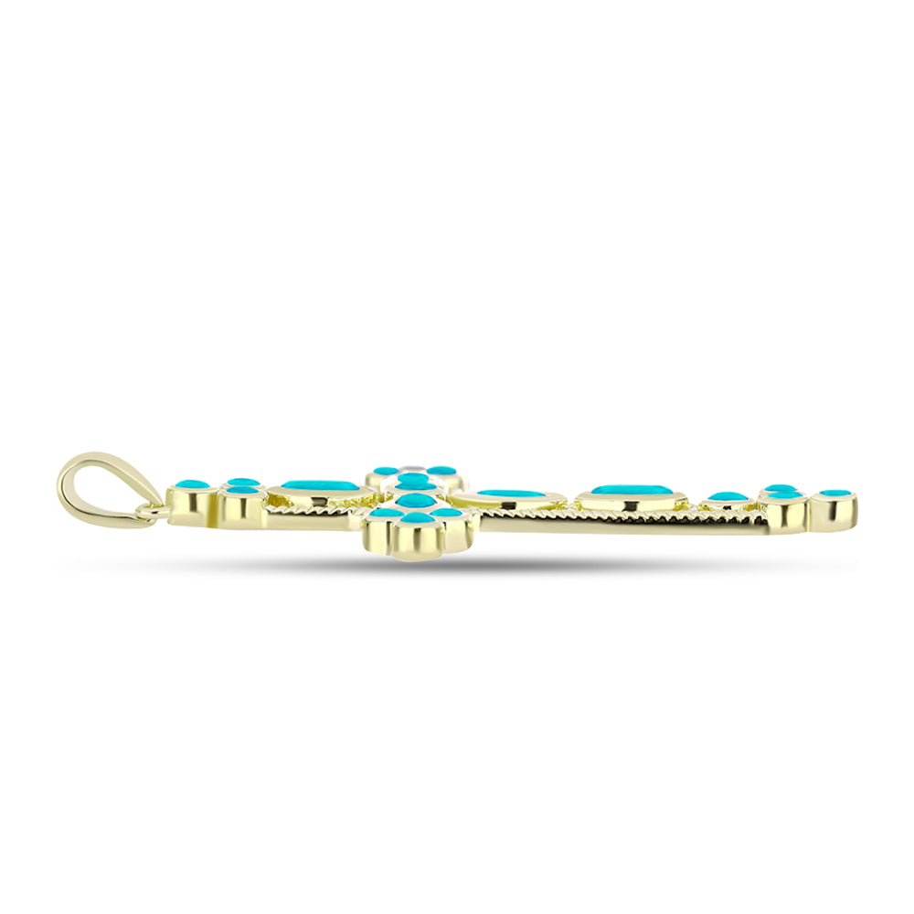 Cruz Pendente de Prata com Banho de Ouro com Jade Azul  Contraste: Cabeca de Veado (800) 2 