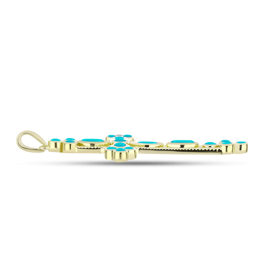 Cruz Pendente de Prata com Banho de Ouro com Jade Azul  Contraste: Cabeca de Veado (800)
