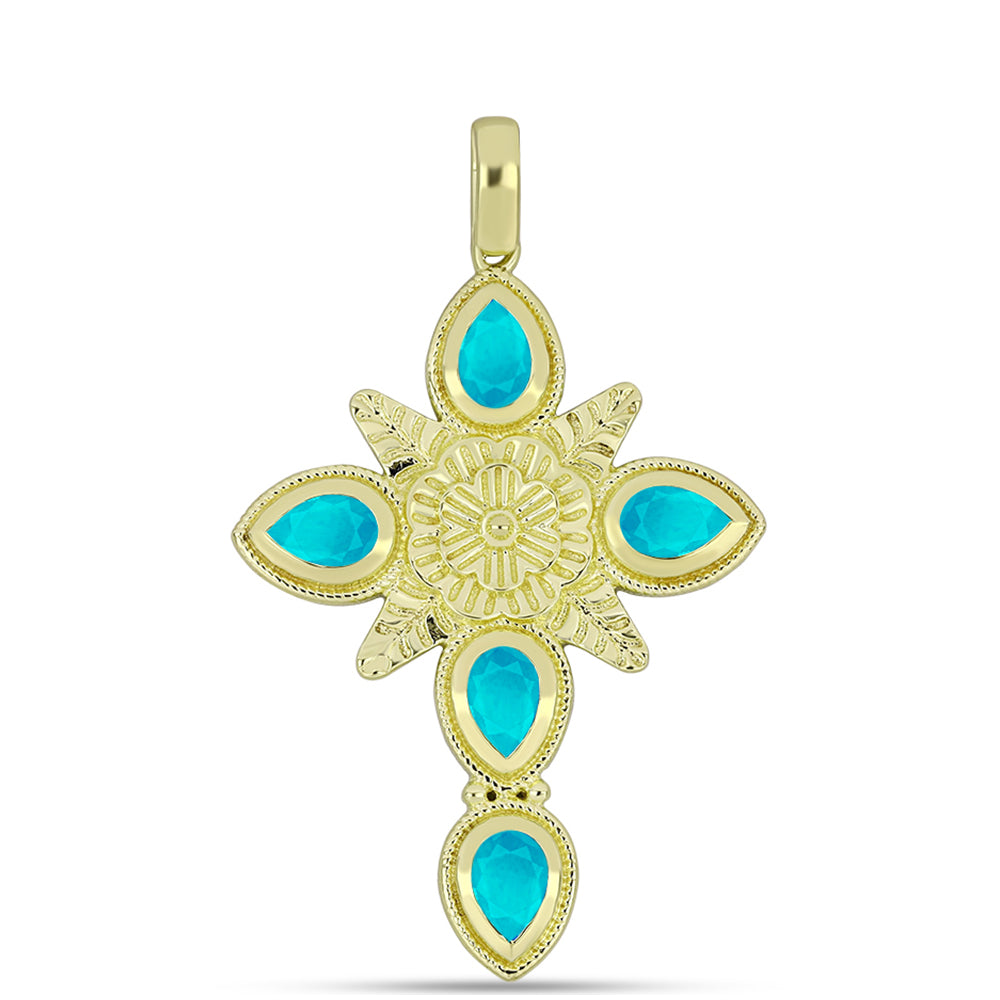 Cruz Pendente de Prata com Banho de Ouro com Jade Azul  Contraste: Cabeca de Veado (800)