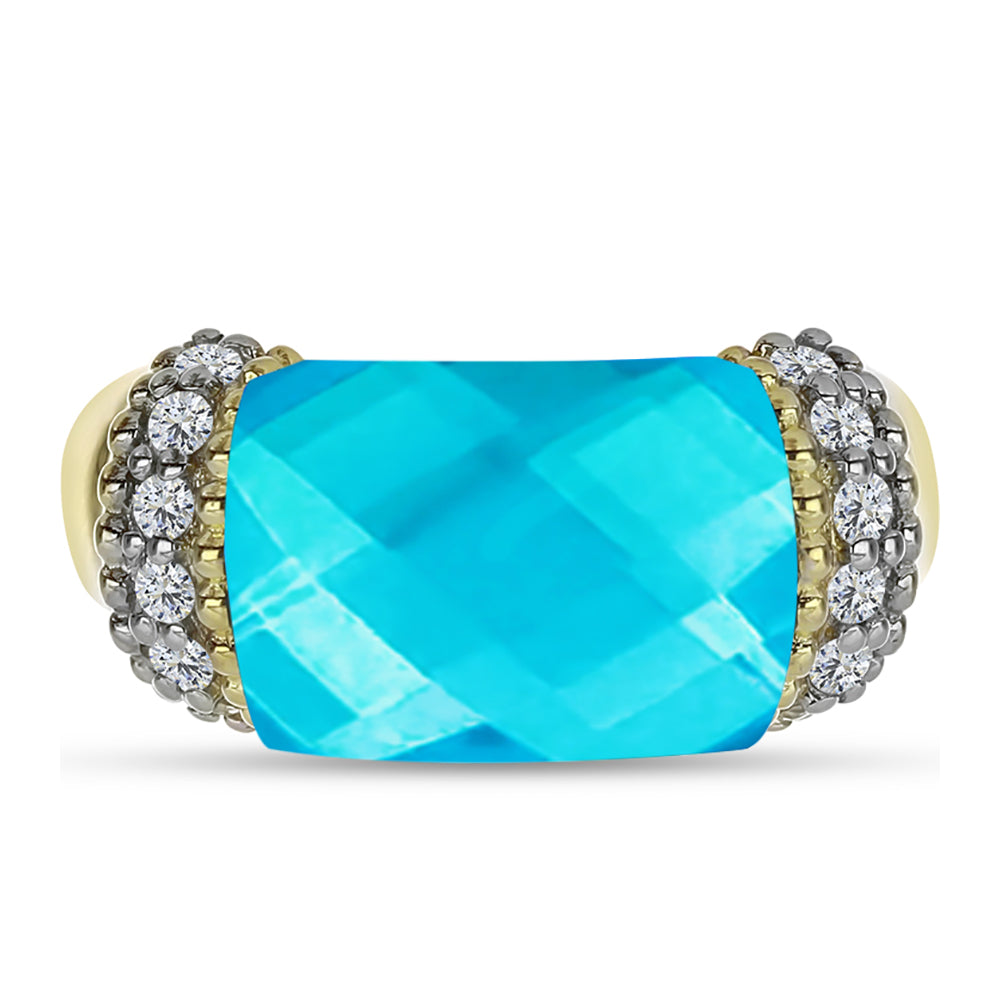 Anel de Prata com Banho de Ouro com Jade Azul e Topázio Branco  Contraste: Cabeca de Veado (800)
