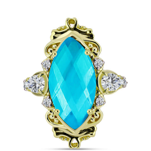 Anel de Prata com Banho de Ouro com Jade Azul e Topázio Branco  Contraste: Cabeca de Veado (800)