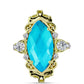 Anel de Prata com Banho de Ouro com Jade Azul e Topázio Branco  Contraste: Cabeca de Veado (800)