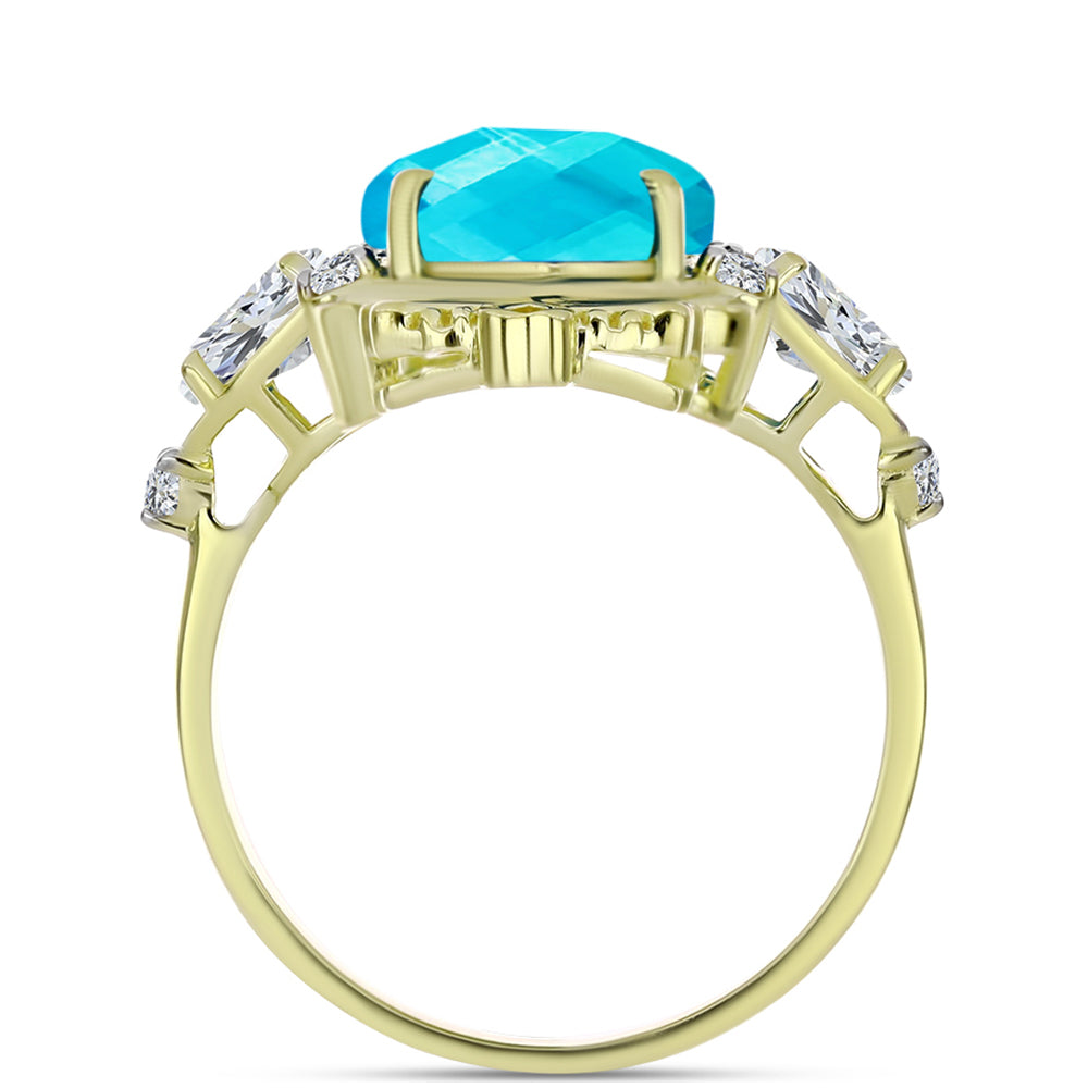 Anel de Prata com Banho de Ouro com Jade Azul e Topázio Branco  Contraste: Cabeca de Veado (800)