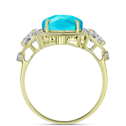 Anel de Prata com Banho de Ouro com Jade Azul e Topázio Branco  Contraste: Cabeca de Veado (800)