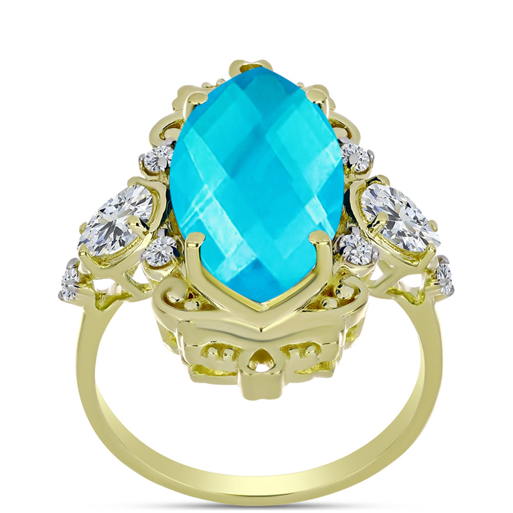 Anel de Prata com Banho de Ouro com Jade Azul e Topázio Branco  Contraste: Cabeca de Veado (800)